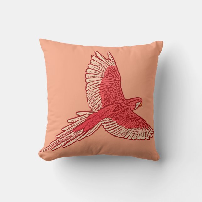 Coussin Perroquet en vol, orange corail et crème (Recto)