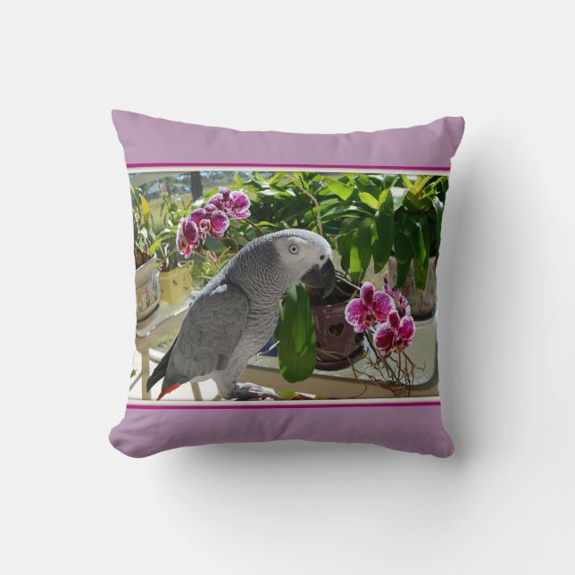 Coussin Perroquet gris africain aux orchidées (Recto)
