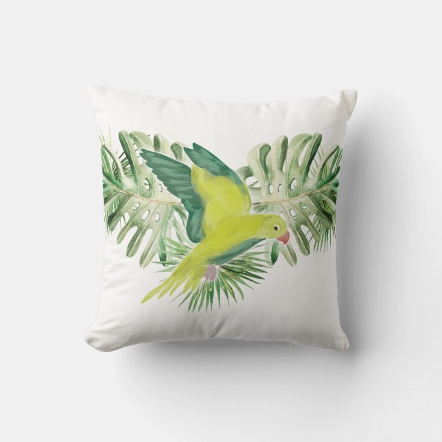 Coussin Perroquet vert citron avec Feuilles tropicaux (Recto)