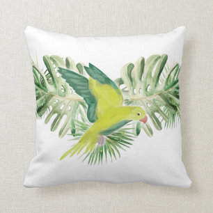 Coussin Perroquet vert citron avec Feuilles tropicaux