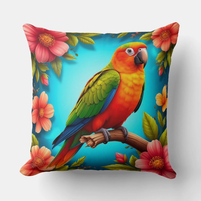 Coussin Perroquet vibrant perché sur une branche (Recto)