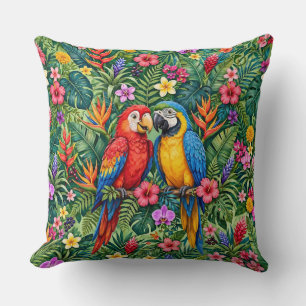 Coussin Perroquets aras de la jungle Fleurs vibrantes