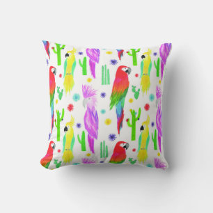 Coussin Perroquets colorés, motif dessiné à la main.