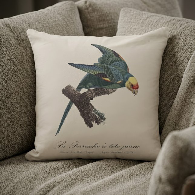 Coussin Perruche a Tete Jaune / Conure de Caroline (Carolina parakeet, Conuropsis carolinensis. Throw Pillow)