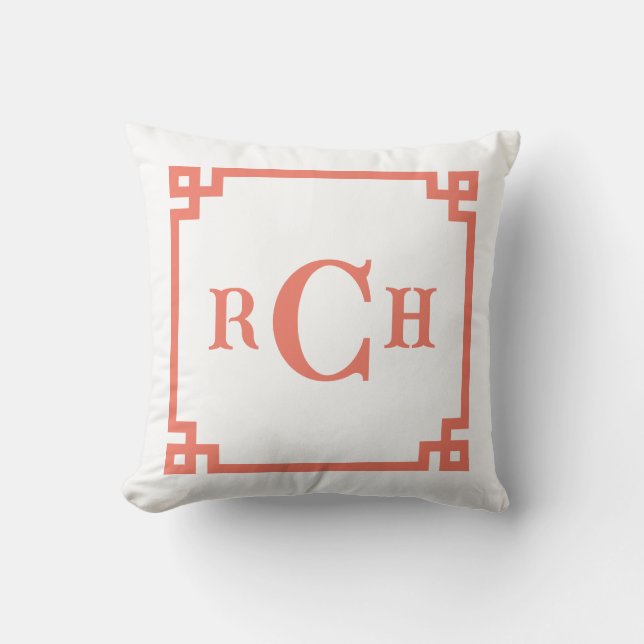Coussin Persimon Coral Chinoiserie Grec Clé Monogramme (Recto)