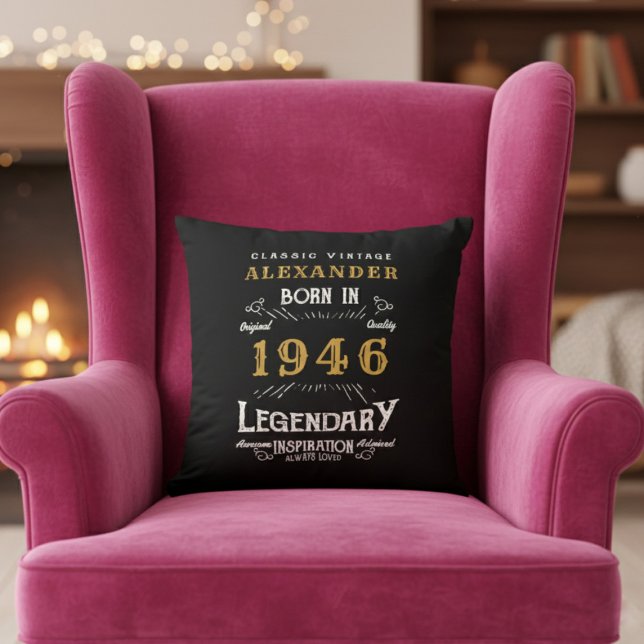 Coussin Personalized 80th Birthday Born 1946 Legend Black (Born 1946 throw pillow on a pink chair.)