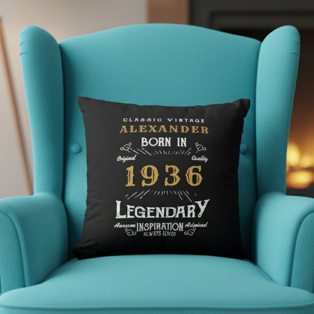 Coussin Personalized 90th Birthday Born 1936 Legend Black (Born 1936 throw pillow on a blue chair.)