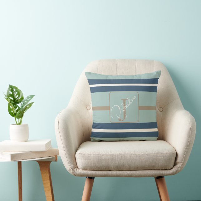 Coussin Personalized Blue Mint Tan Stripe Monogram Coastal (Chaise)