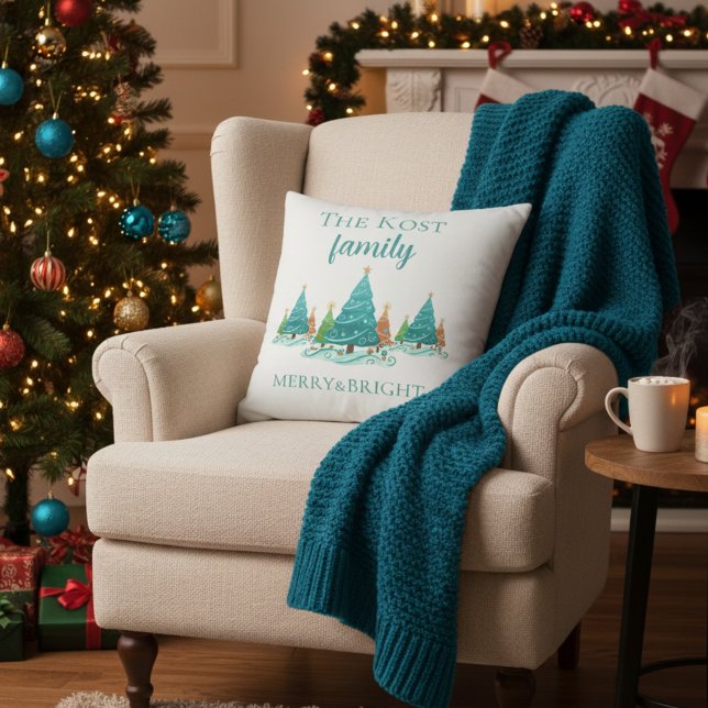 Coussin Personalized Christmas Throw Pillow (Celebrate the holidays this season with this fun personalized, "Merry & Bright" throw pillow! )