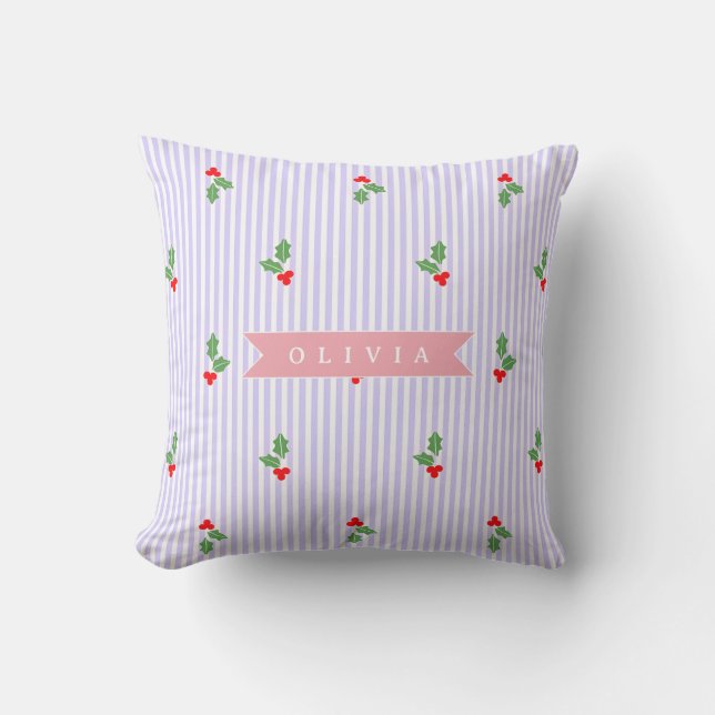 Coussin Personalized Cute Striped Holiday Christmas Holly  (Recto)
