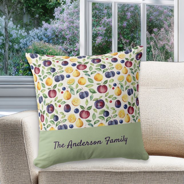 Coussin Personalized Fruits and Leaves Pattern (A stylish throw pillow with custom family name, with fruits and leaves pattern)