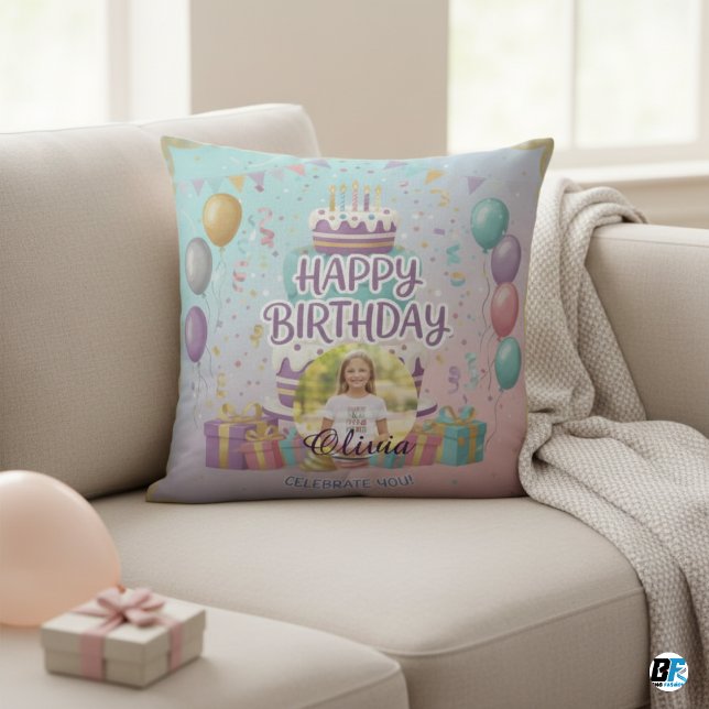 Coussin Personalized Happy Birthday Photo, Custom Name (Créateur téléchargé)