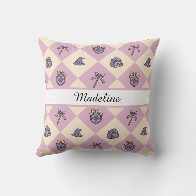 Coussin Personalized Magical Girl Name Pink Checkered (Verso)