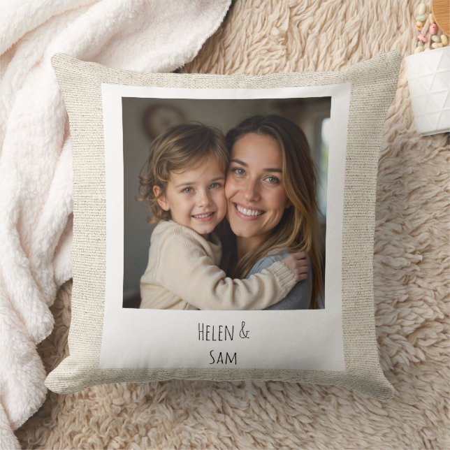 Coussin Personalized Minimalist Family Photo Faux Burlap (Couverture)
