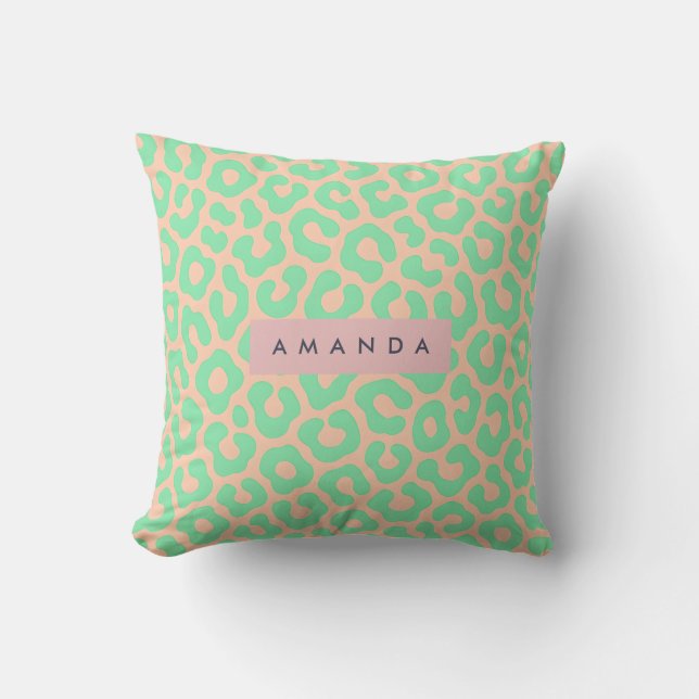 Coussin Personalized Mint Green and Peach Leopard Print (Recto)