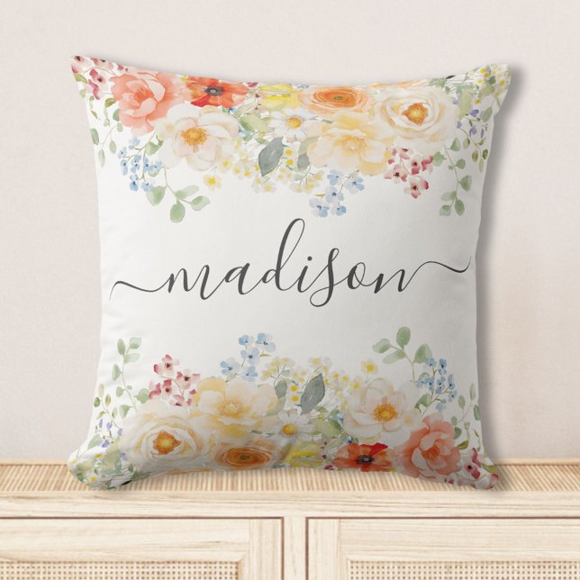 Coussin Personalized Name Monogram Watercolor Sunny Floral (Créateur téléchargé)