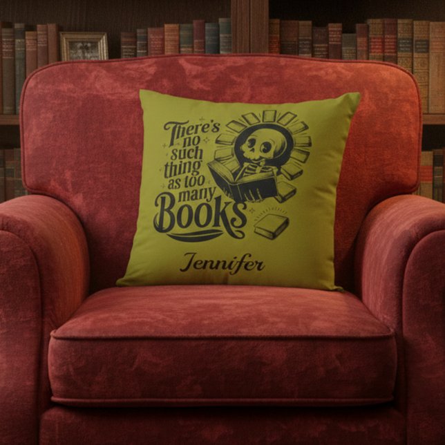 Coussin Personalized No Such Thing Too Many Bookworm (Olive green book worm throw pillow on red velvet chair.)