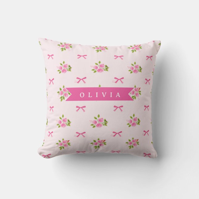 Coussin Personalized Pink Coquette Girly Bow Floral Name (Recto)