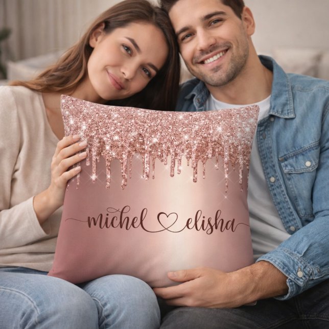 Coussin Personalized Rose Gold Glitter Drip Couple Names (Créateur téléchargé)