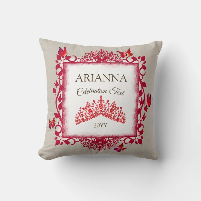 Coussin Personalized Ruby Red Tiara & Butterflies (Recto)