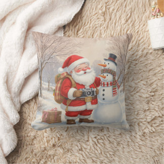Coussin Personalized Santa Photographer & Snowman Selfie