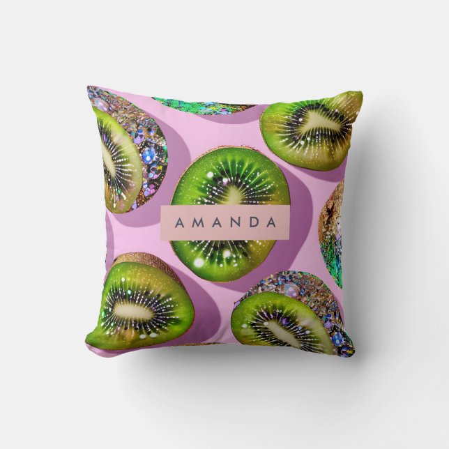 Coussin Personalized Vibrant Glitter Kiwi Pop Art Design (Recto)