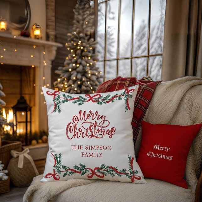 Coussin Personalized Watercolor Script Christmas Greenery (Créateur téléchargé)