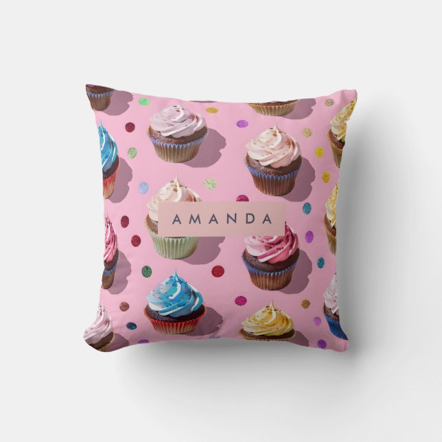 Coussin Personalized Whimsical Rainbow Cupcake Confetti (Recto)