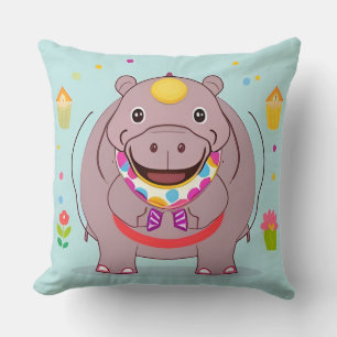Coussin Personnage d'hippopotame heureux avec décorations 