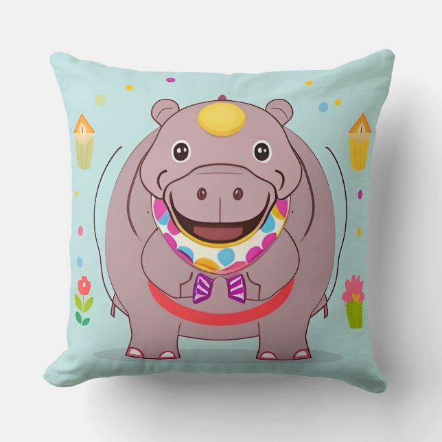 Coussin Personnage d'hippopotame heureux avec décorations  (Recto)