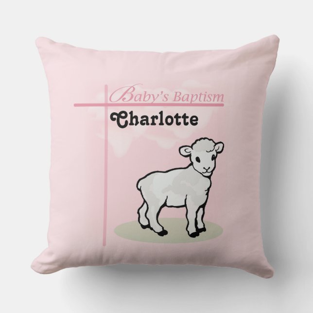 Coussin Personnalisable, Baptême, Rose, Fille, Agneau (Recto)