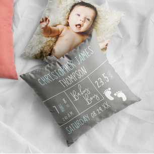 Coussin Personnalisé Blue Grey Birth Stat Baby Boy Photo