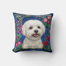 Coussin personnalisé Chien maltais bleu floral