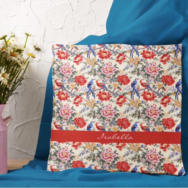 Coussin Personnalisé Chinoiserie Asiatique Floral Rose Ble (Créateur téléchargé)