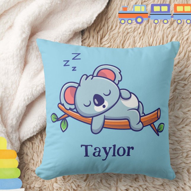 Coussin Personnalisé Cute Koala Oear Cartoon Baby (A cute sleeping koala bear pillow, personalized with a baby or child's name, makes a great gift!)