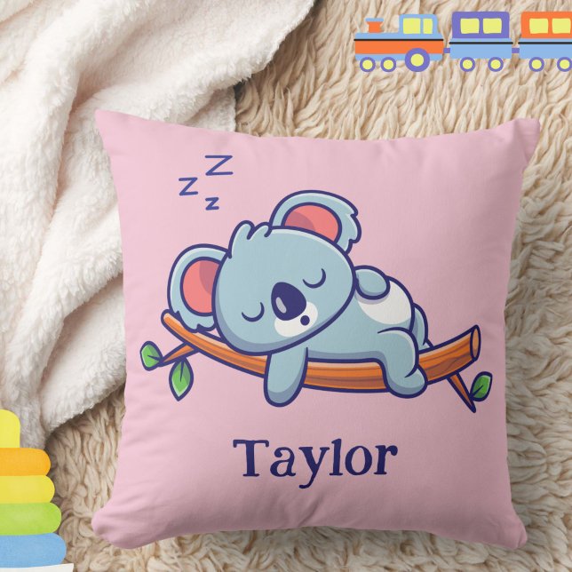 Coussin Personnalisé Cute Koala Oear Cartoon Baby Girl (This cute sleeping koala throw pillow may be personalized with baby's or child's name. )