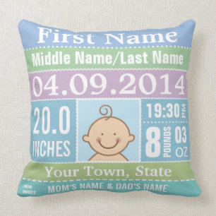 Coussin personnalisé de stat de naissance de bébé