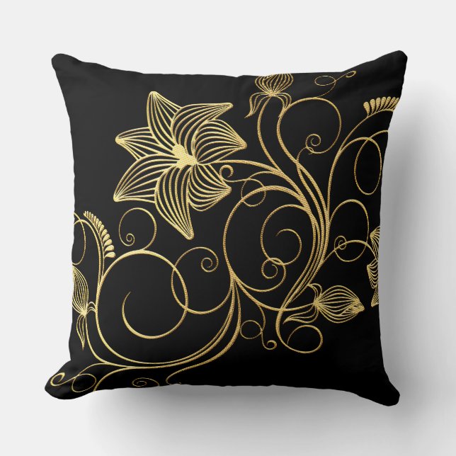 Coussin Personnalisé Elegant Black Gold Foil Nom floral (Recto)