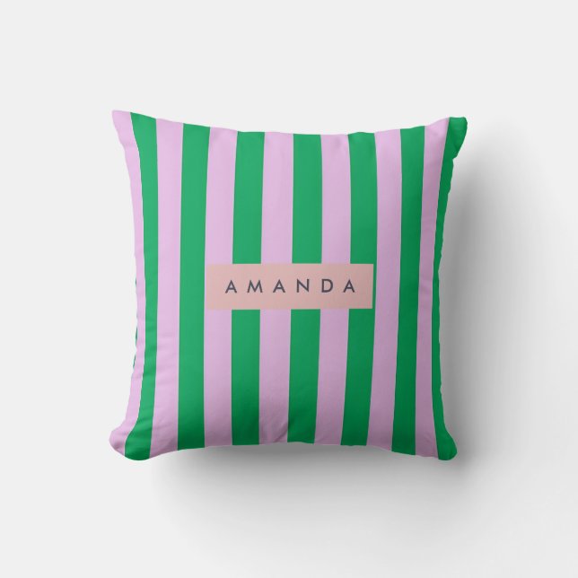 Coussin Personnalisé Frais Rayé Rétro Vert et Rose (Recto)