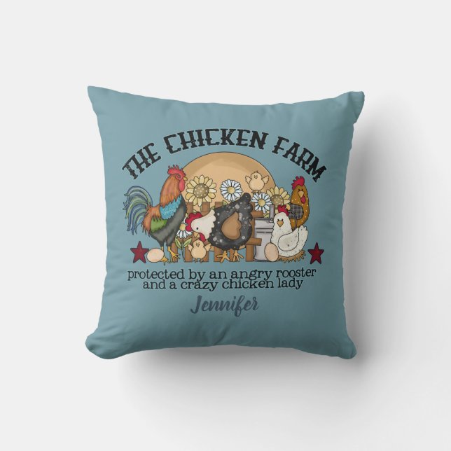 Coussin Personnalisé Funny Dusty Blue Chicken Farm (Recto)
