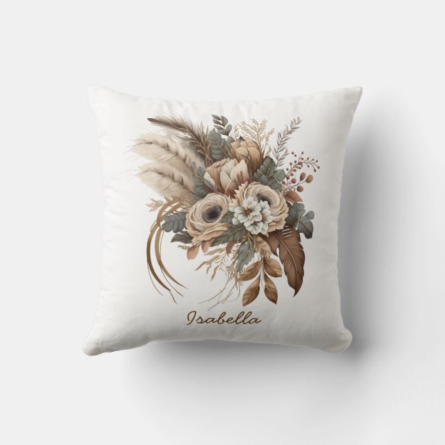 Coussin Personnalisé Joli Aquarelle Boho Beige Floral (Verso)