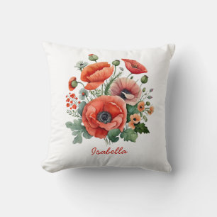 Coussin Personnalisé Joli Aquarelle Rouge Poppies Florales