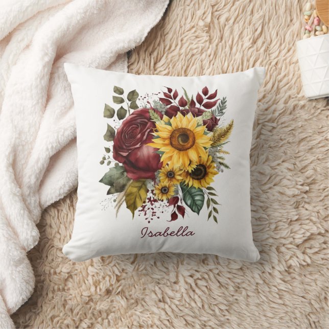 Coussin Personnalisé Joli aquarelle Tournesol Bourgogne Fl (Couverture)