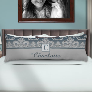 Coussin Personnalisé Monogramme Damassé Gris Bleu