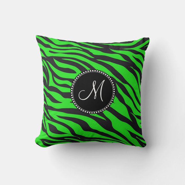 Coussin Personnalisé Monogramme initial néon vert noir Zèb (Recto)