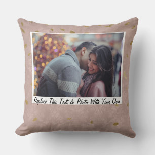 Coussin Personnalisé / Photo & Texte Glam Rose Feuilles or