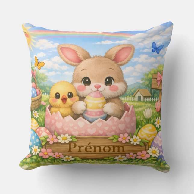 Coussin Personnalisé Prénom – Lapin et Poussin de (Recto)