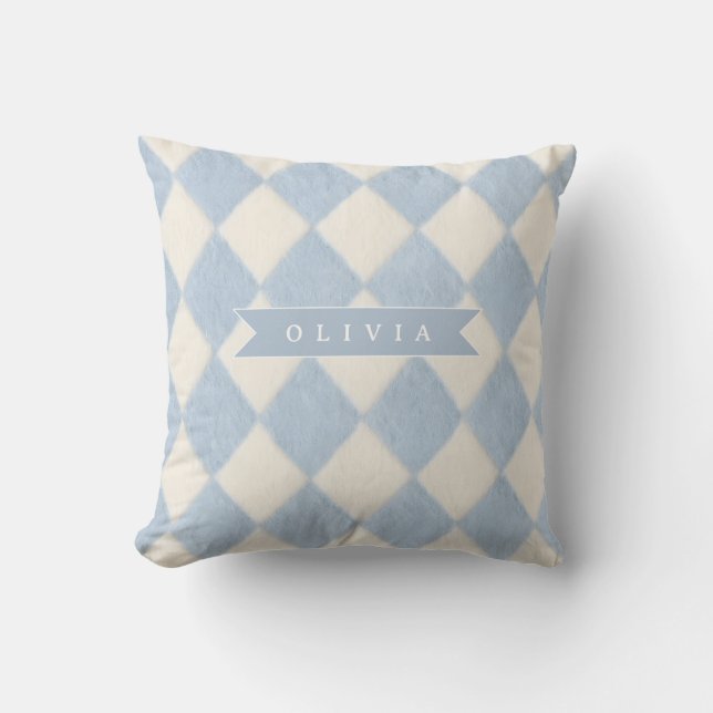 Coussin Personnalisé Prépa Douce Bleue Floue Argyle Nom (Recto)
