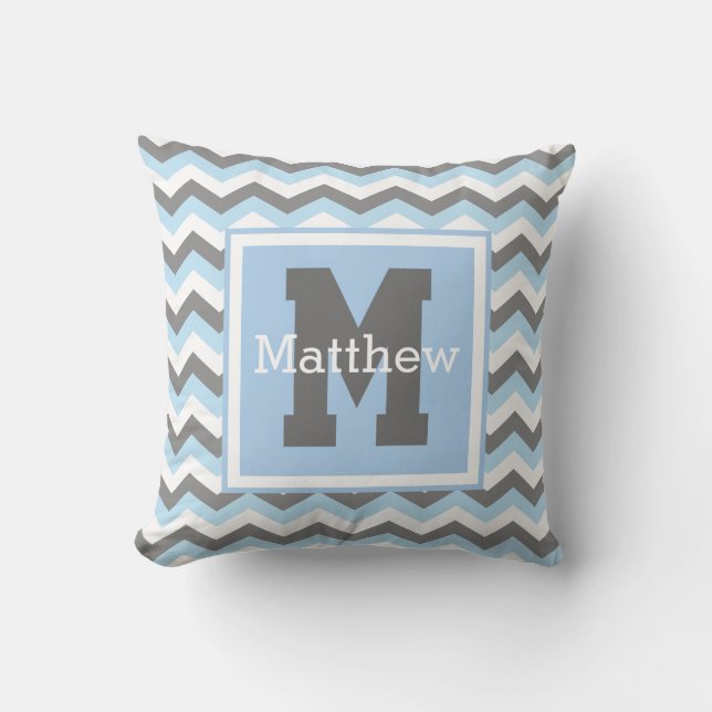 Coussin Personnalisé Rey Baby Bleu Blanc Chevron Monogramm (Recto)