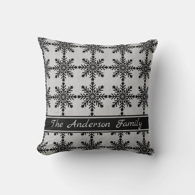 Coussin Personnalisé Rustic Burlap Black Snowflake Motif (Recto)